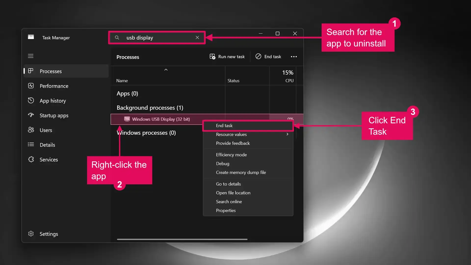 Steps to stop an app's
process