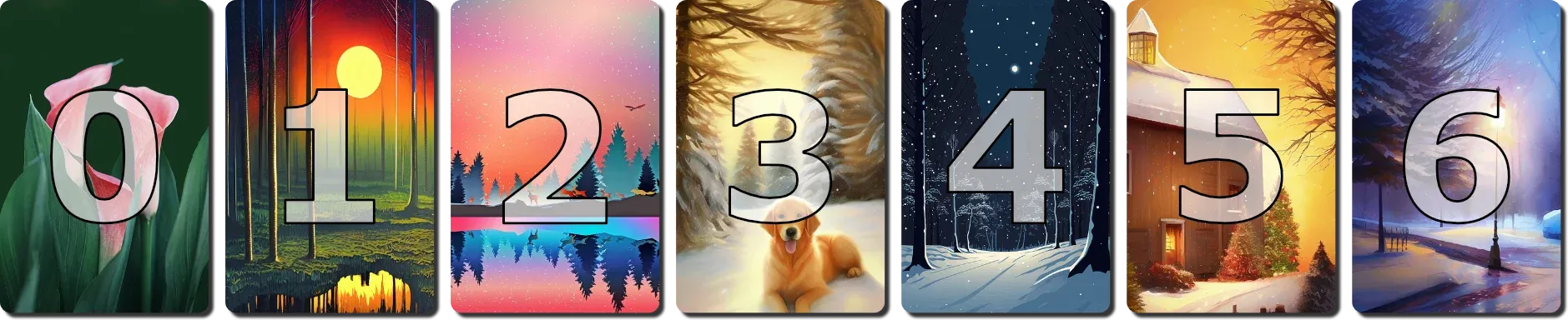 Initial layout of seven cards before shuffling with the Fisher-Yates shuffle
algorithm