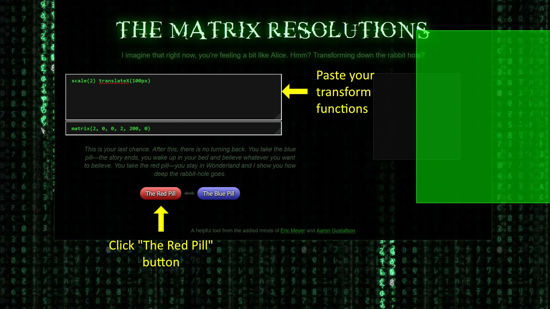 The matrix resolutions tool's
screenshot