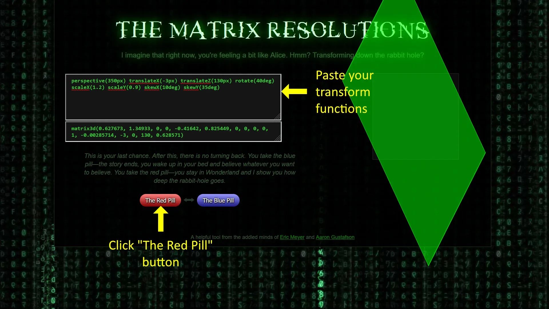 The matrix resolutions tool's
screenshot