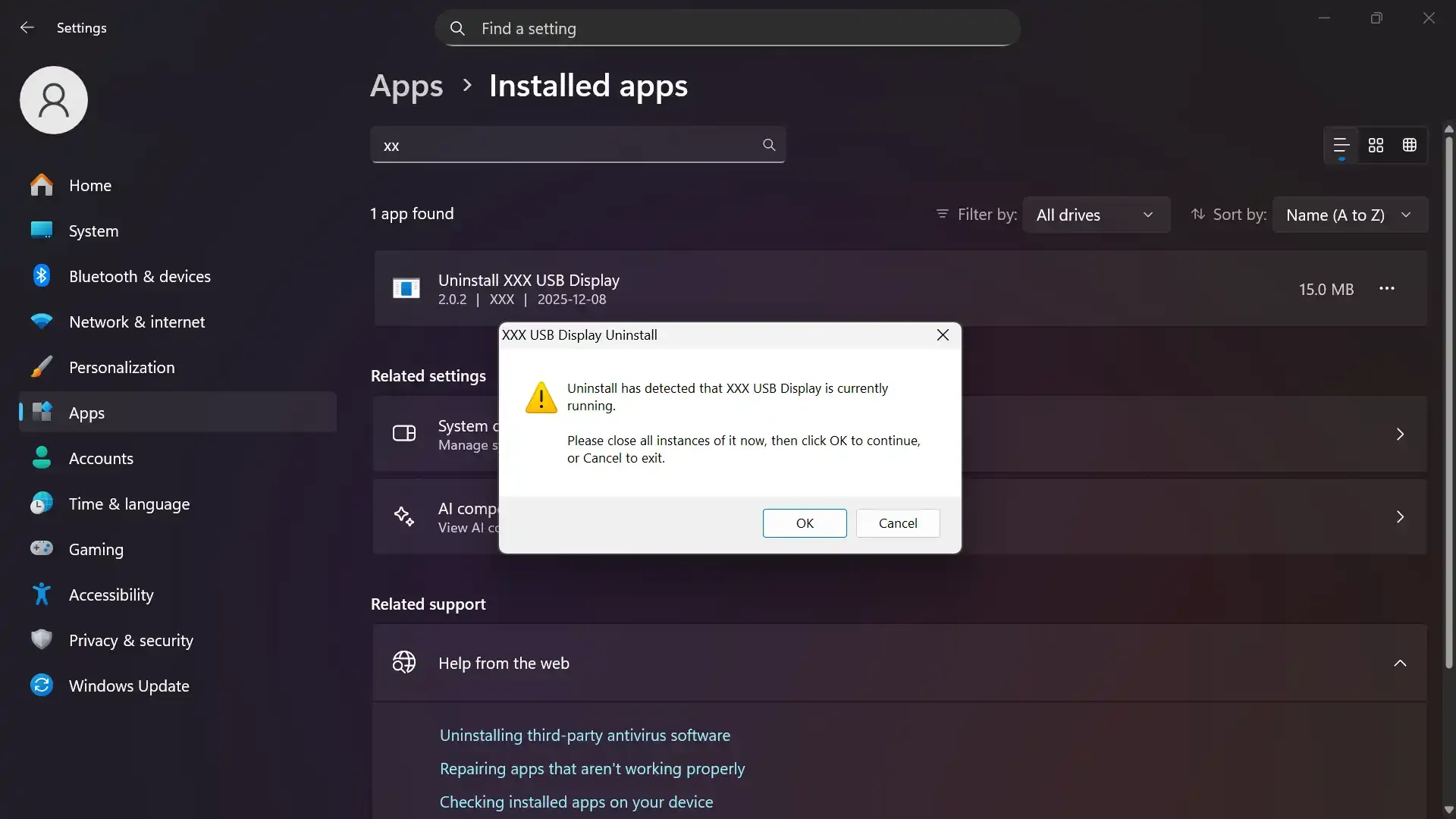 Uninstall Error Modal
Window